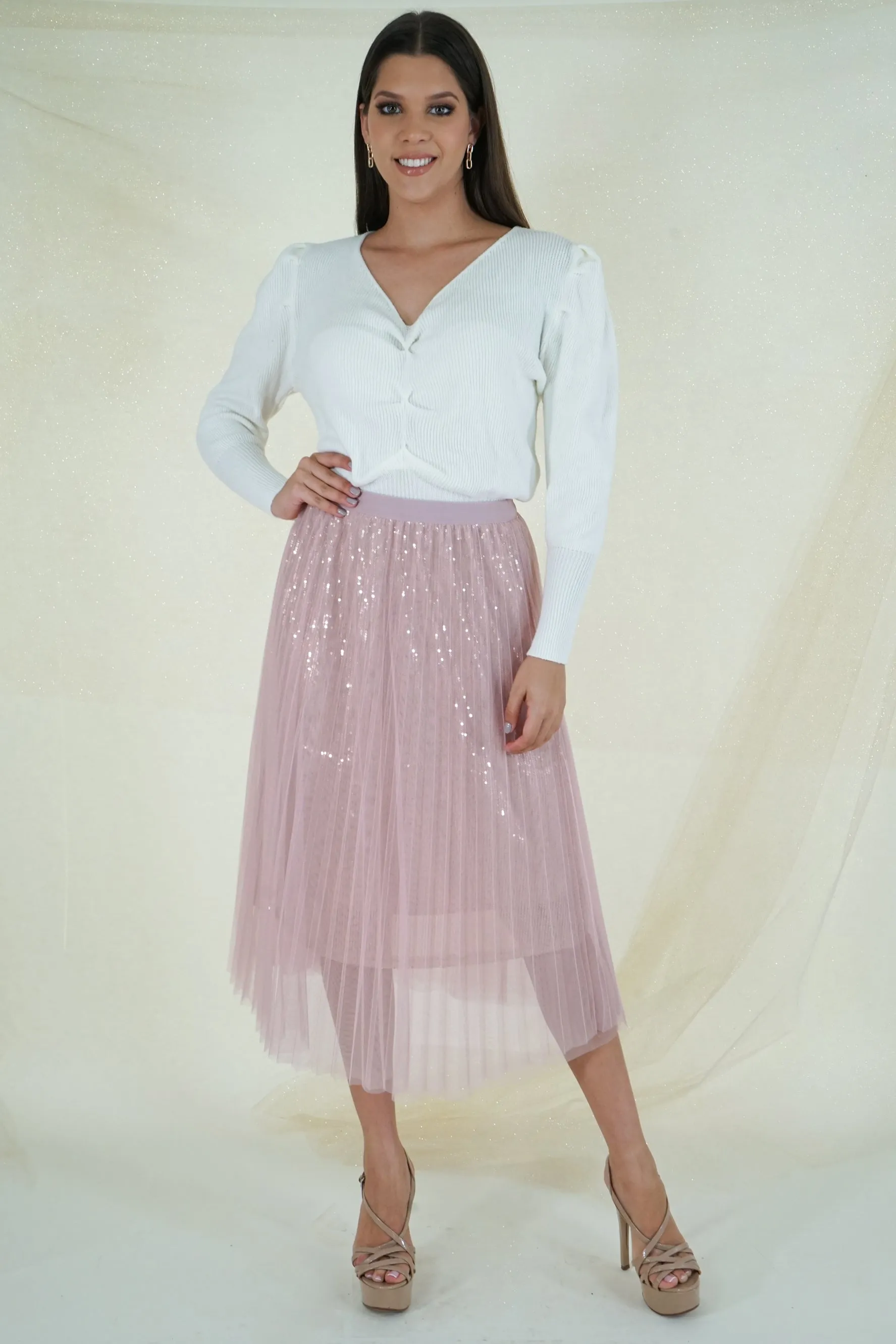 Pink Pleated Midi Skirt