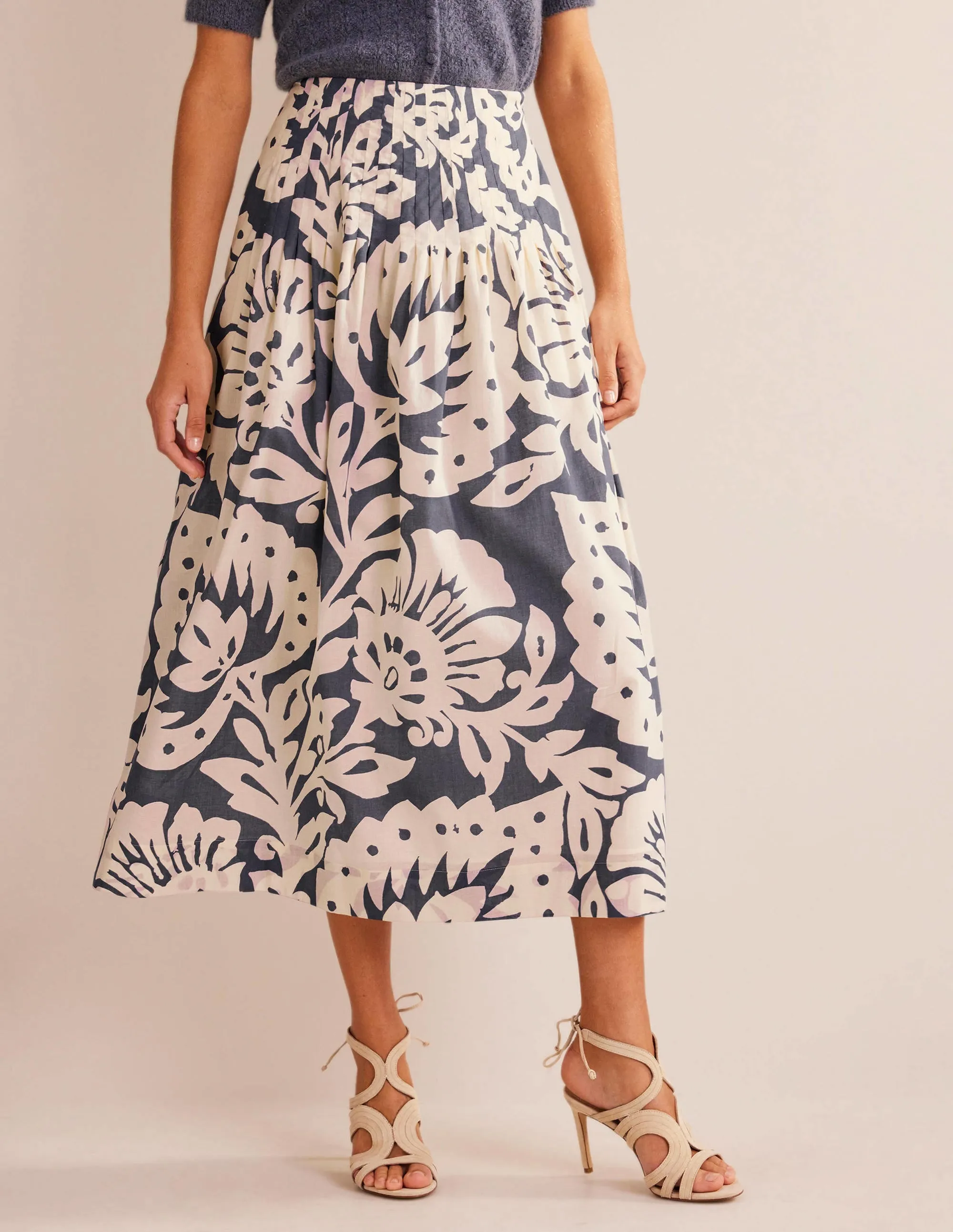 Pleated Cotton Midi Skirt-Sapphire, Oak Terrace