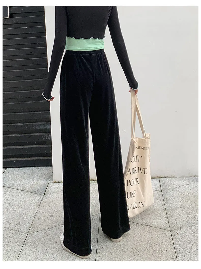 Popular Gold Wide Leg Pants Women High Waist Casual Loose Drape Floor Length Long Pants
