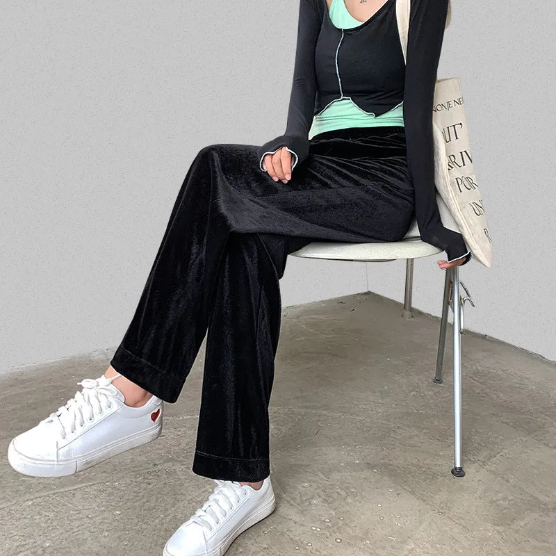 Popular Gold Wide Leg Pants Women High Waist Casual Loose Drape Floor Length Long Pants