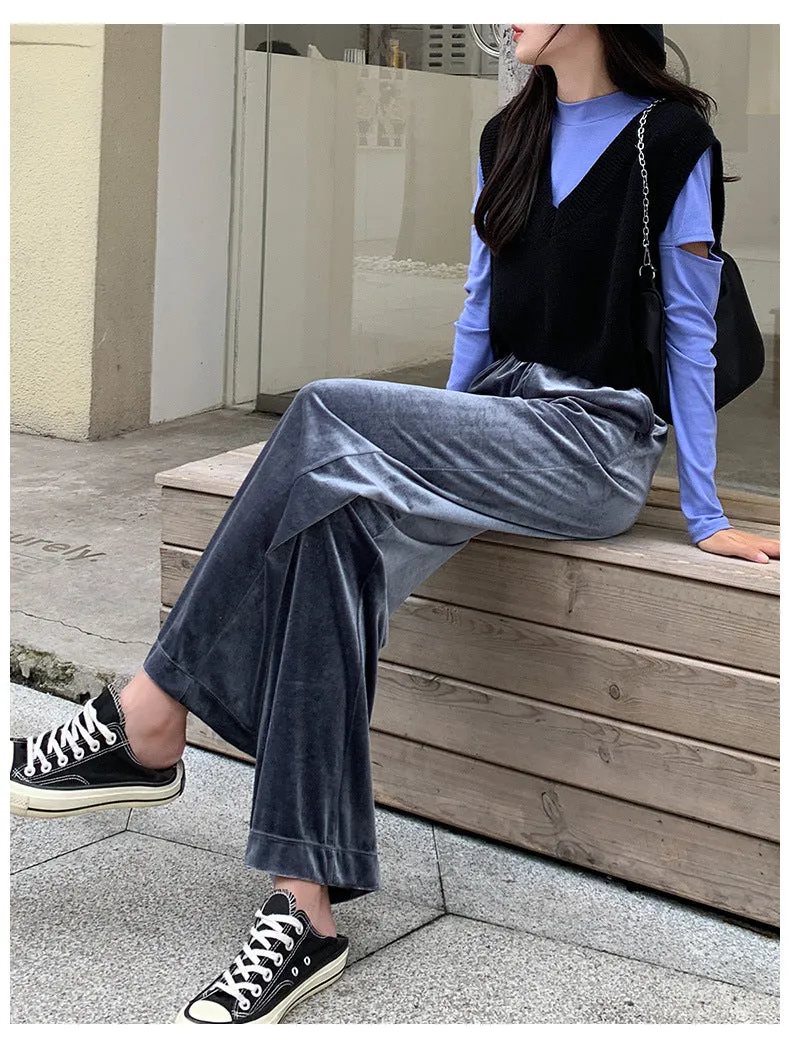Popular Gold Wide Leg Pants Women High Waist Casual Loose Drape Floor Length Long Pants