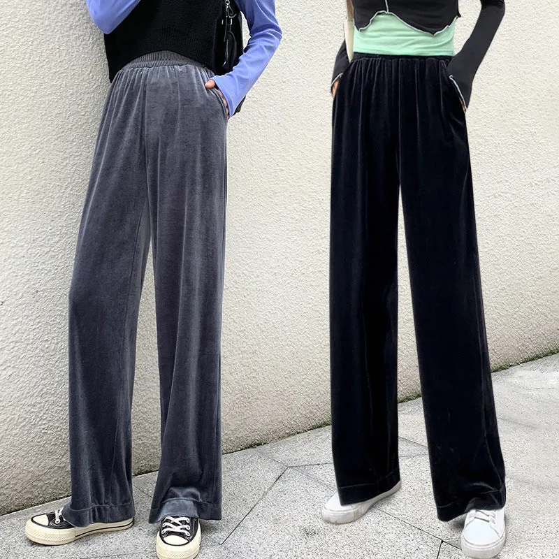 Popular Gold Wide Leg Pants Women High Waist Casual Loose Drape Floor Length Long Pants