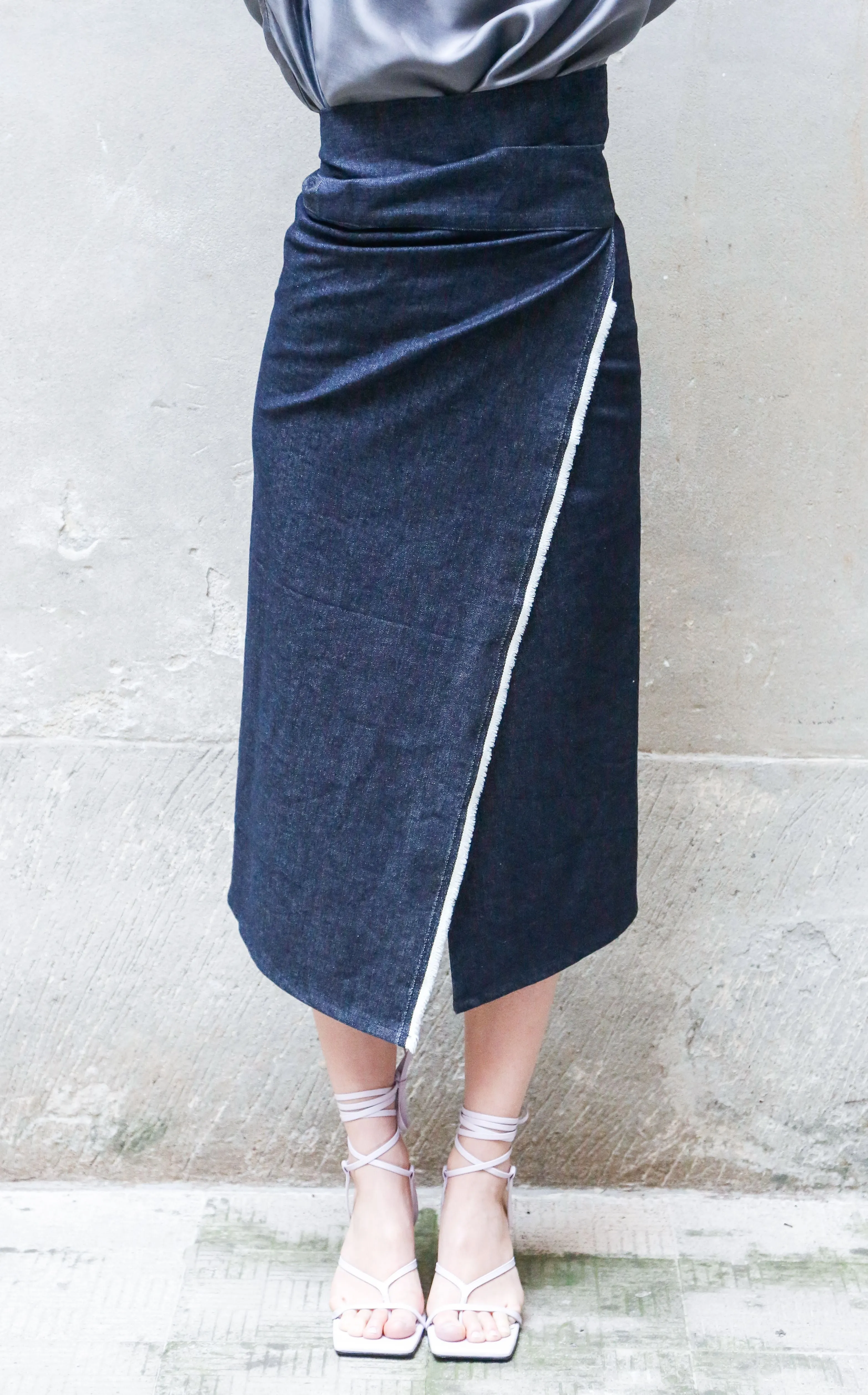 RECYCLED COTTON DENIM WRAP MIDI SKIRT