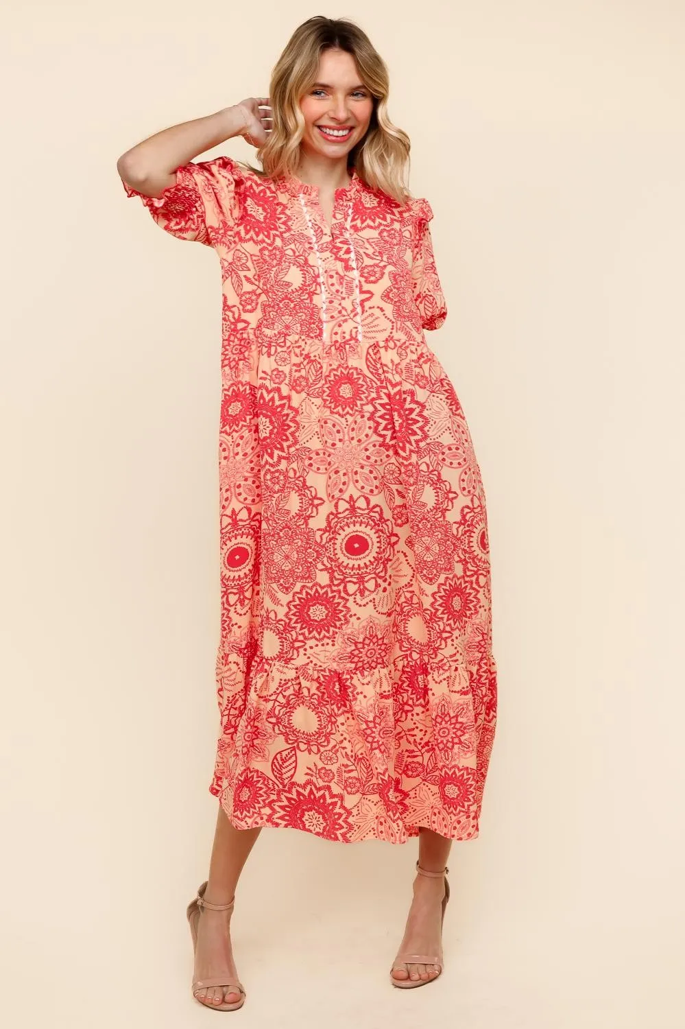 RUFFLED NOTCH NECK MIDI DRESS W/ SIDE POCKETS