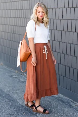 Rust Ruffle Hem Stretch Waist Midi Skirt