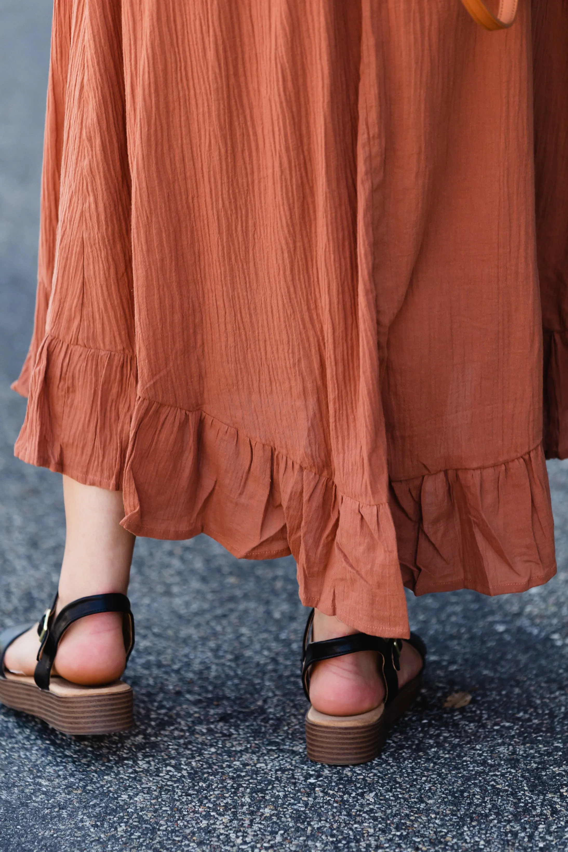 Rust Ruffle Hem Stretch Waist Midi Skirt