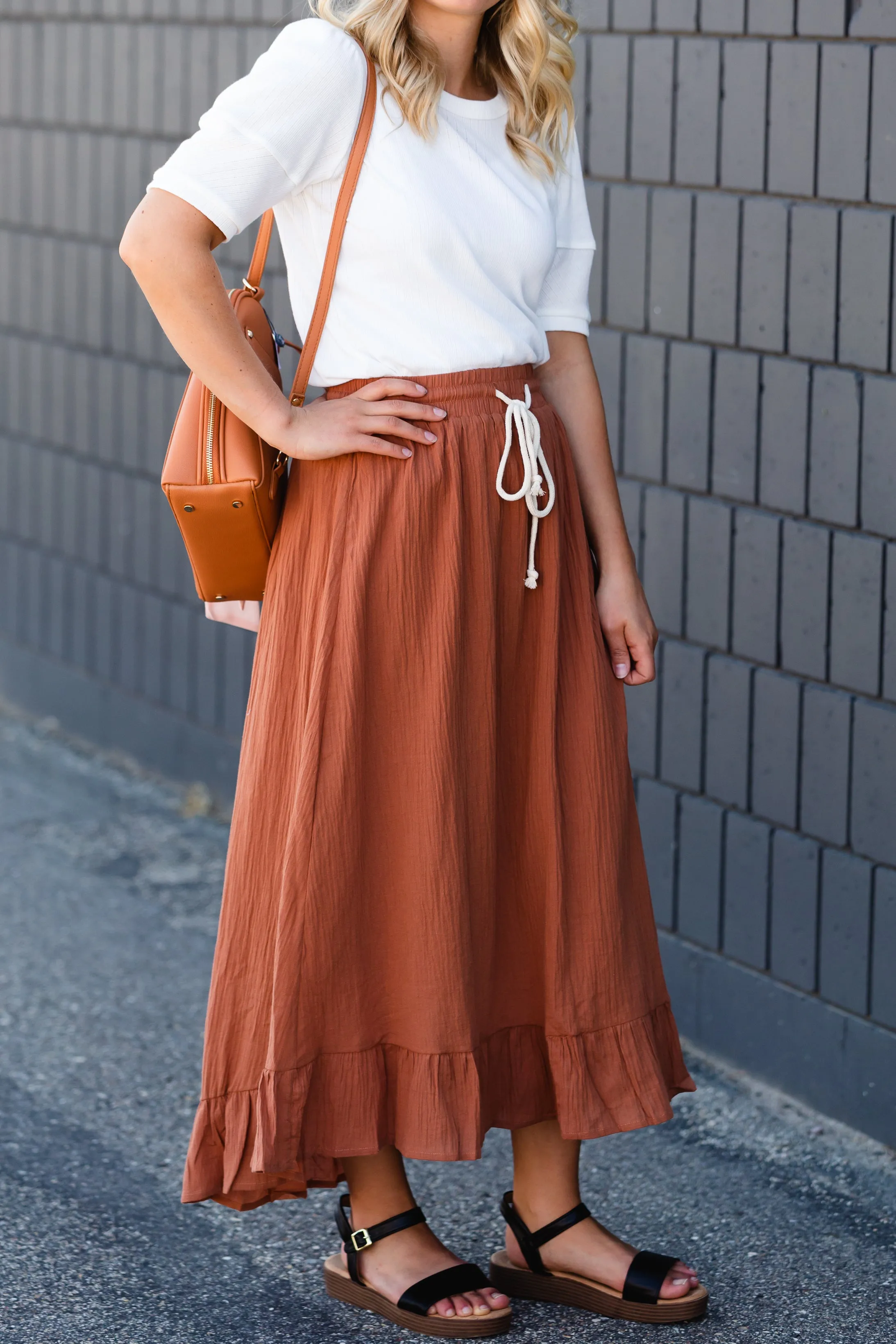 Rust Ruffle Hem Stretch Waist Midi Skirt