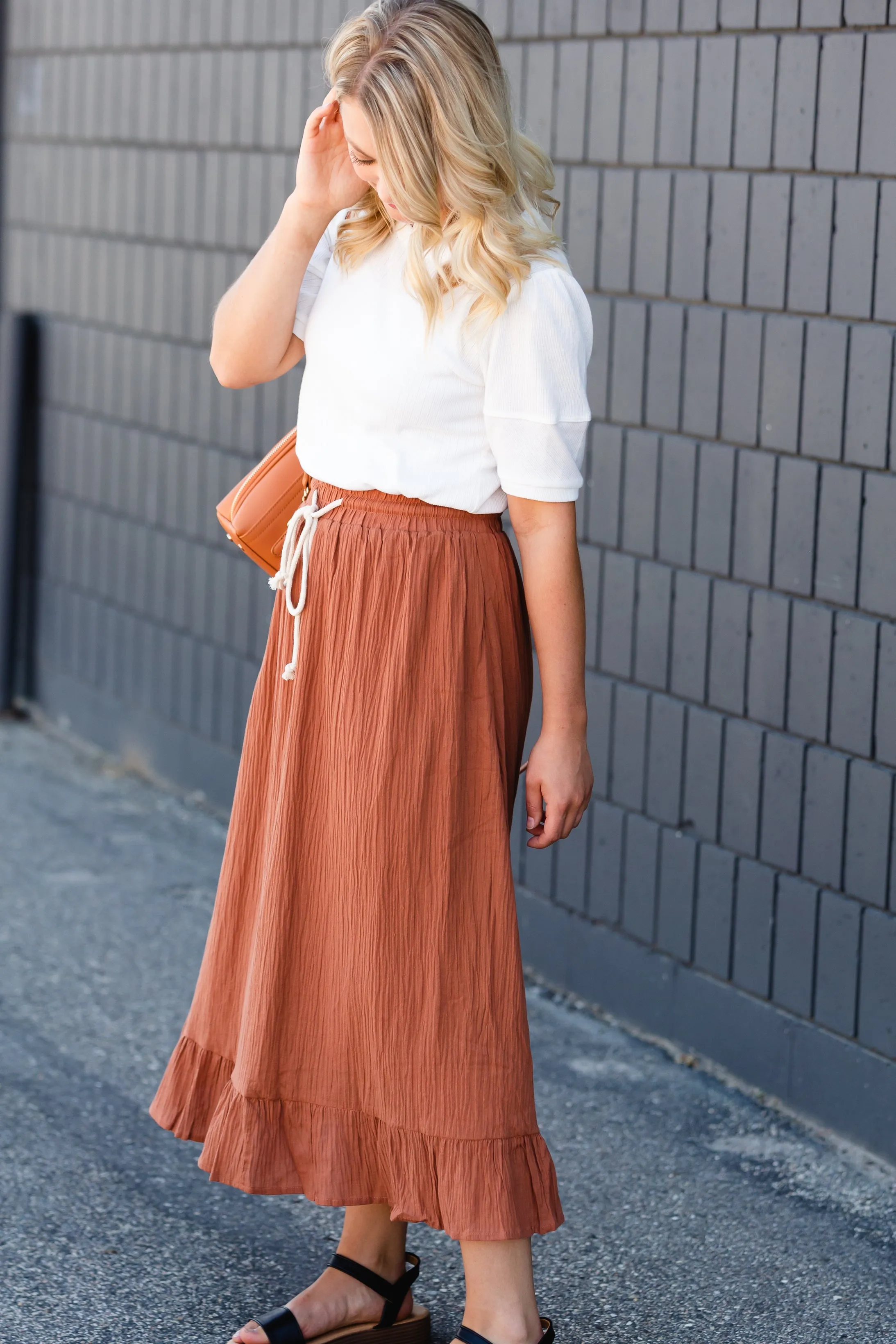 Rust Ruffle Hem Stretch Waist Midi Skirt
