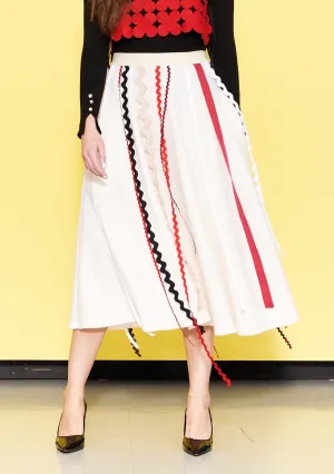 Sabrina Skirt in Cream Boucle Wool festooned with ribbons
