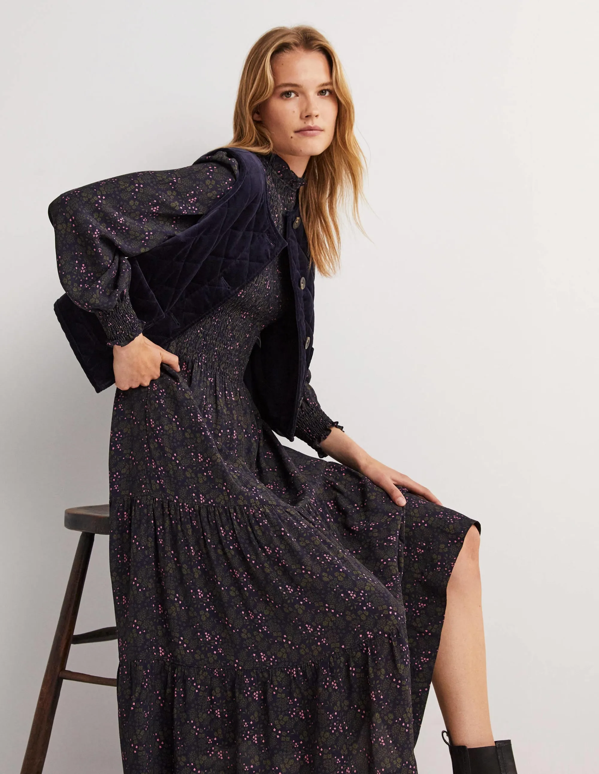 Smocked Tiered Midi Dress-Navy, Prairie Garden