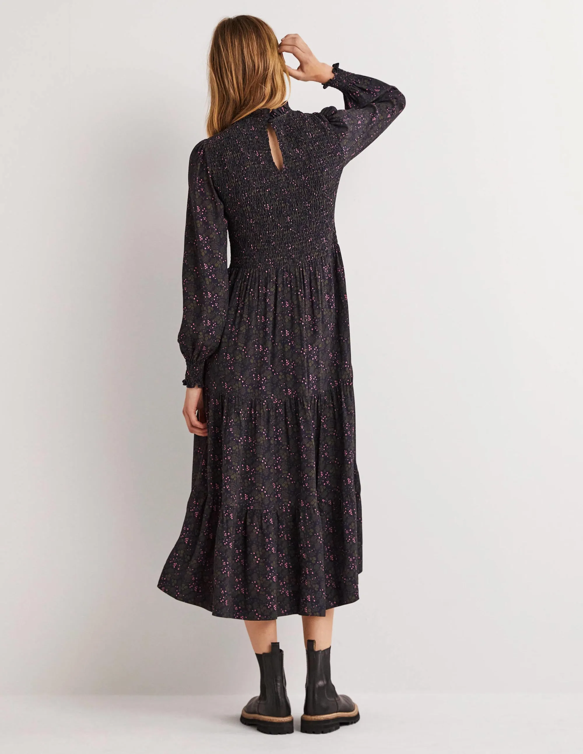 Smocked Tiered Midi Dress-Navy, Prairie Garden
