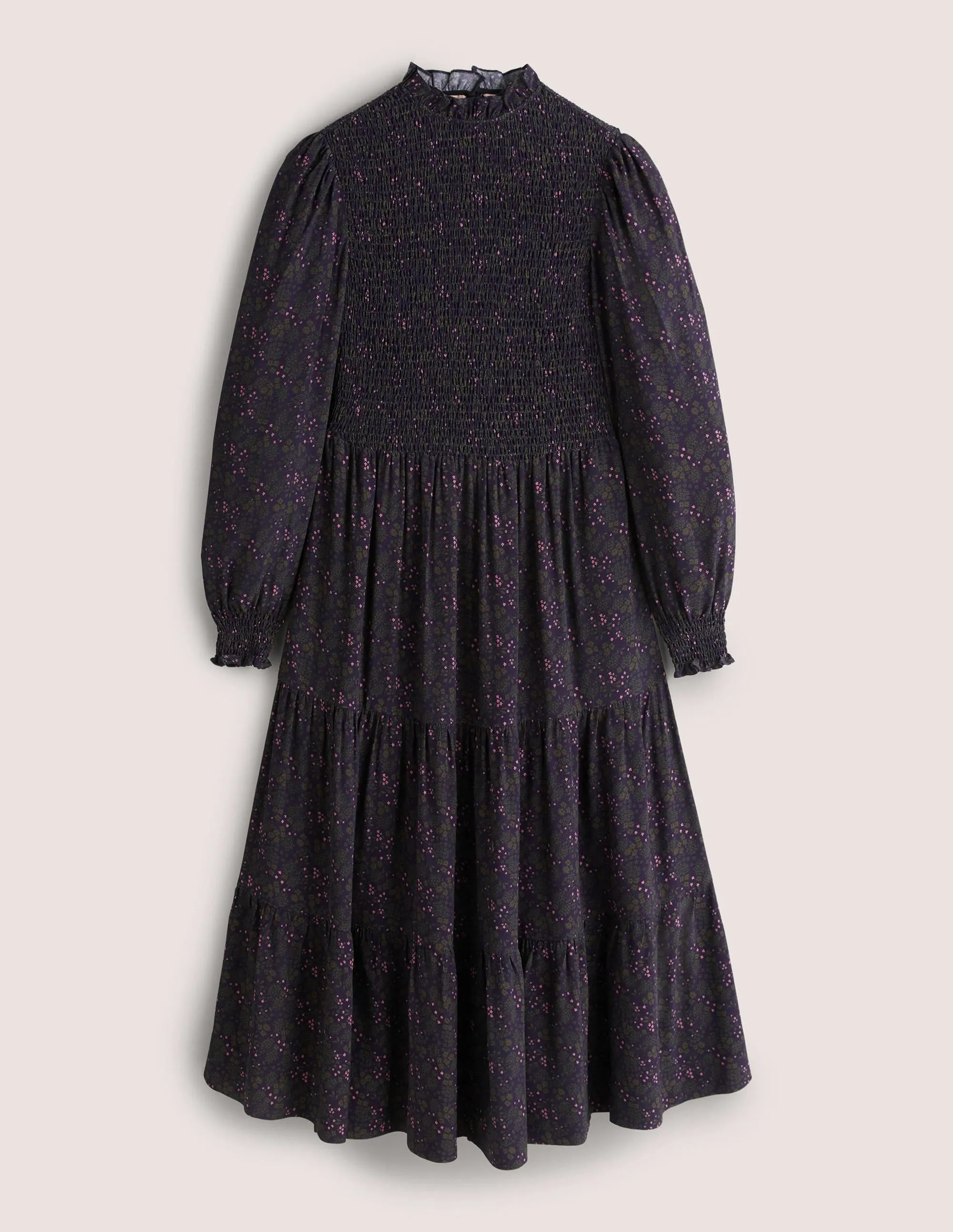 Smocked Tiered Midi Dress-Navy, Prairie Garden