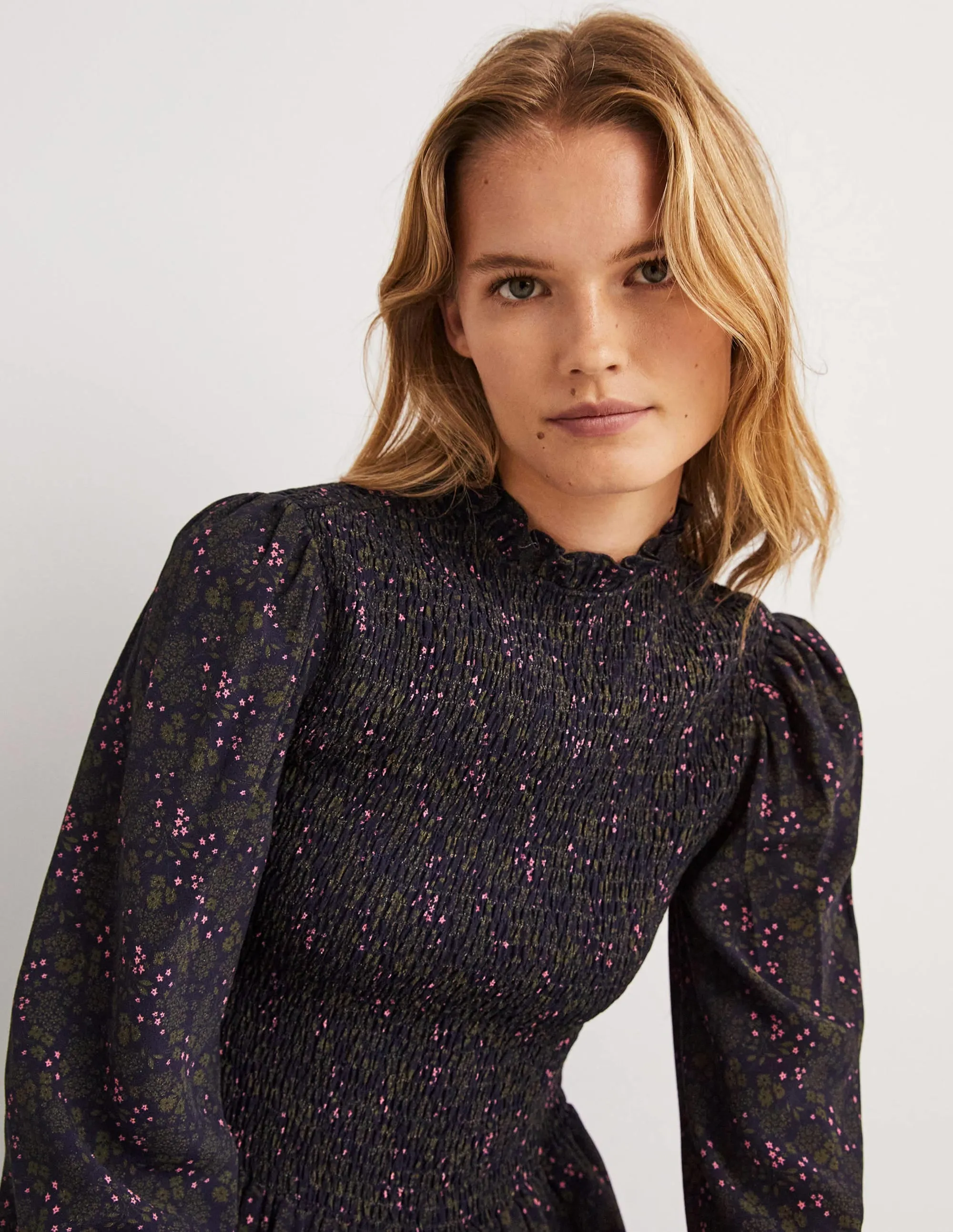 Smocked Tiered Midi Dress-Navy, Prairie Garden