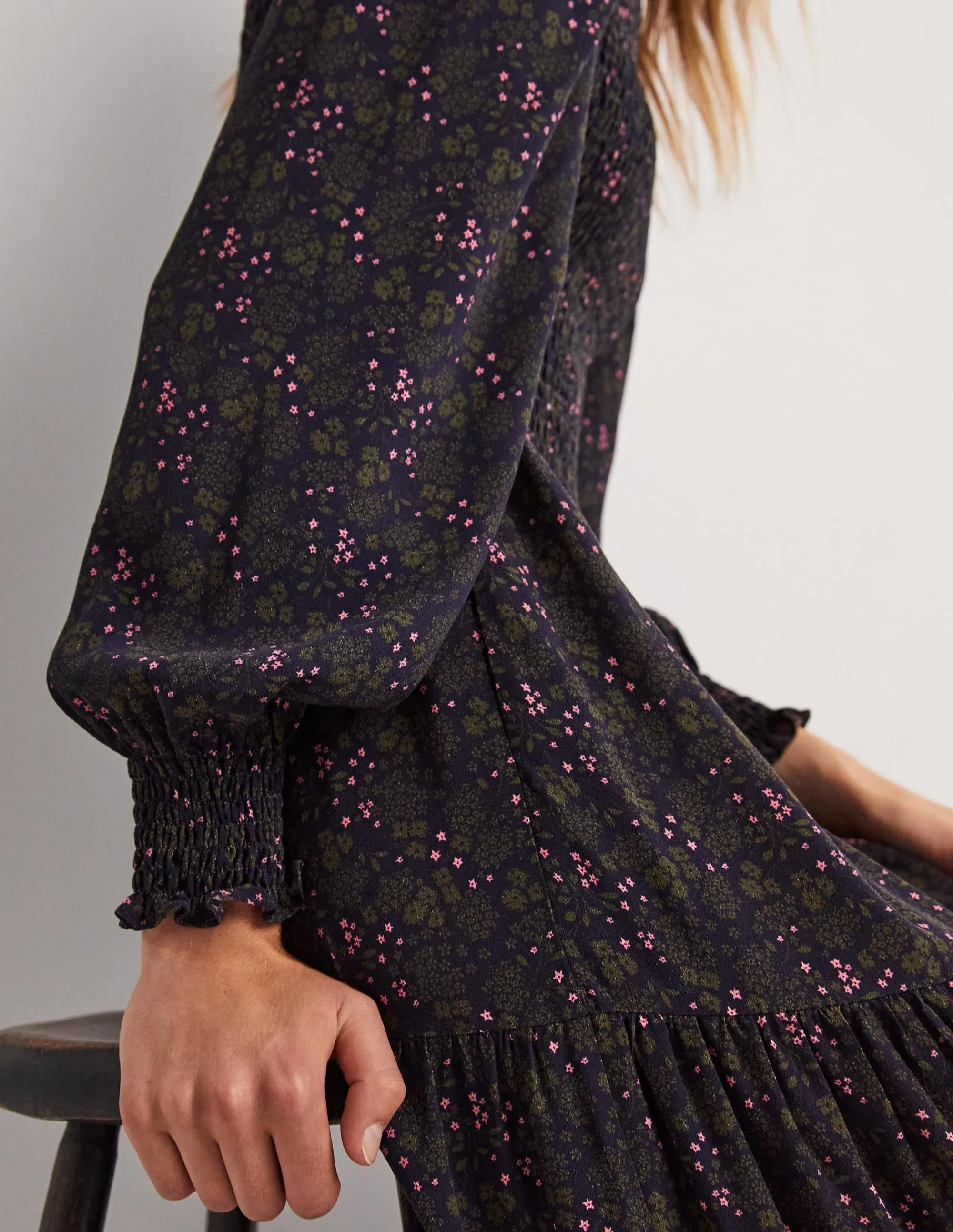 Smocked Tiered Midi Dress-Navy, Prairie Garden