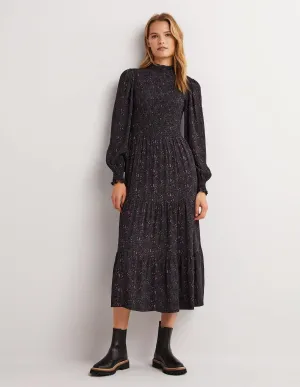 Smocked Tiered Midi Dress-Navy, Prairie Garden