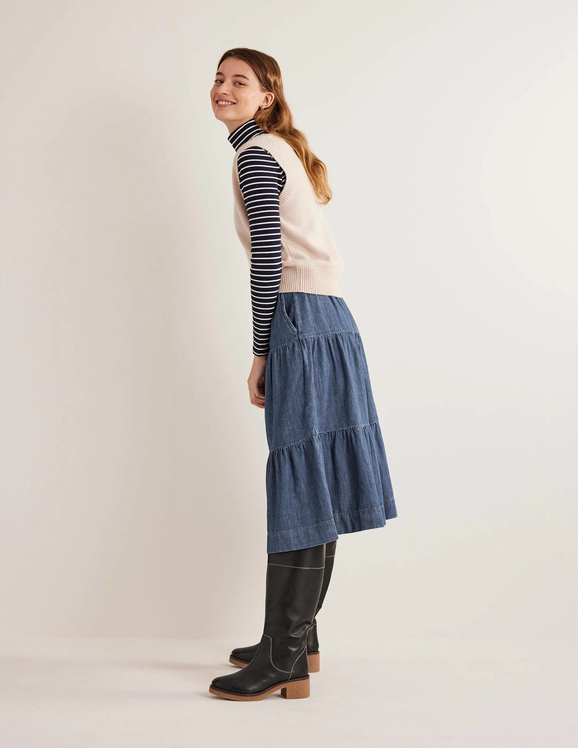 Tiered Denim Midi Skirt-Mid Vintage Denim