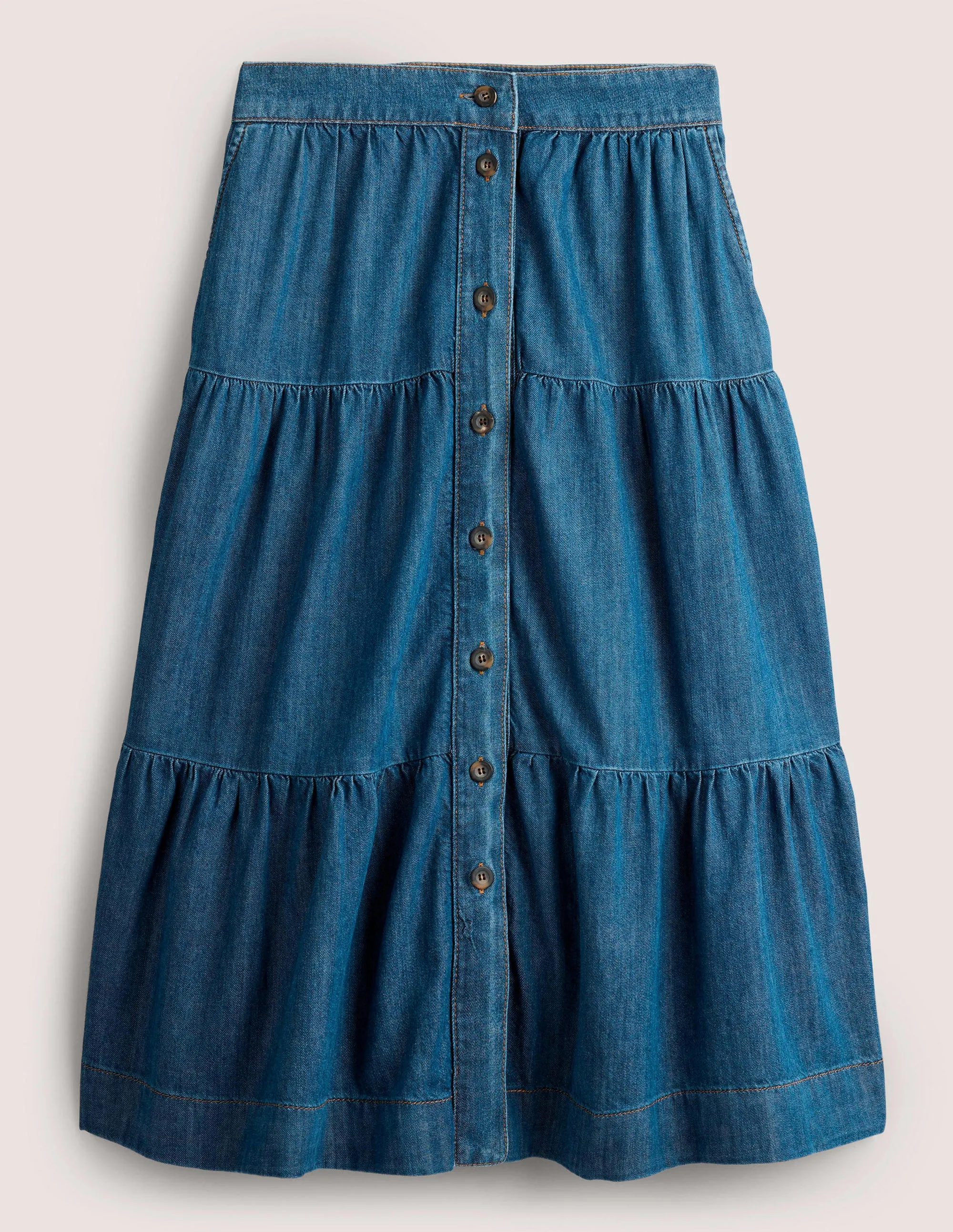 Tiered Denim Midi Skirt-Mid Vintage Denim