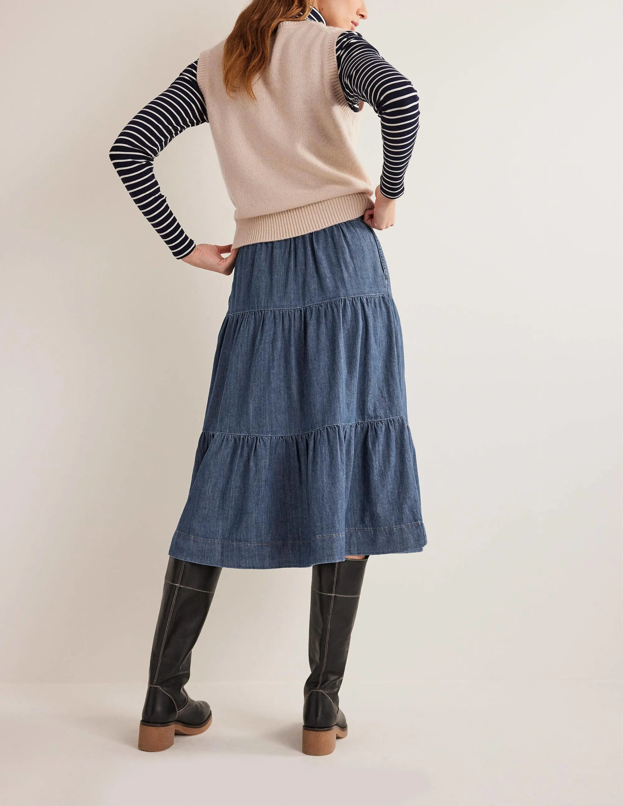Tiered Denim Midi Skirt-Mid Vintage Denim