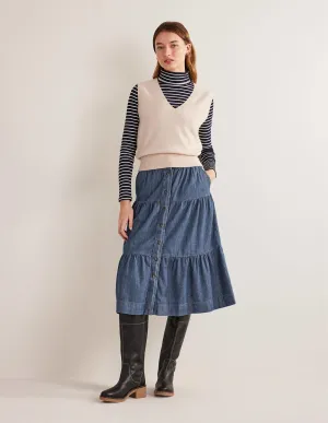Tiered Denim Midi Skirt-Mid Vintage Denim