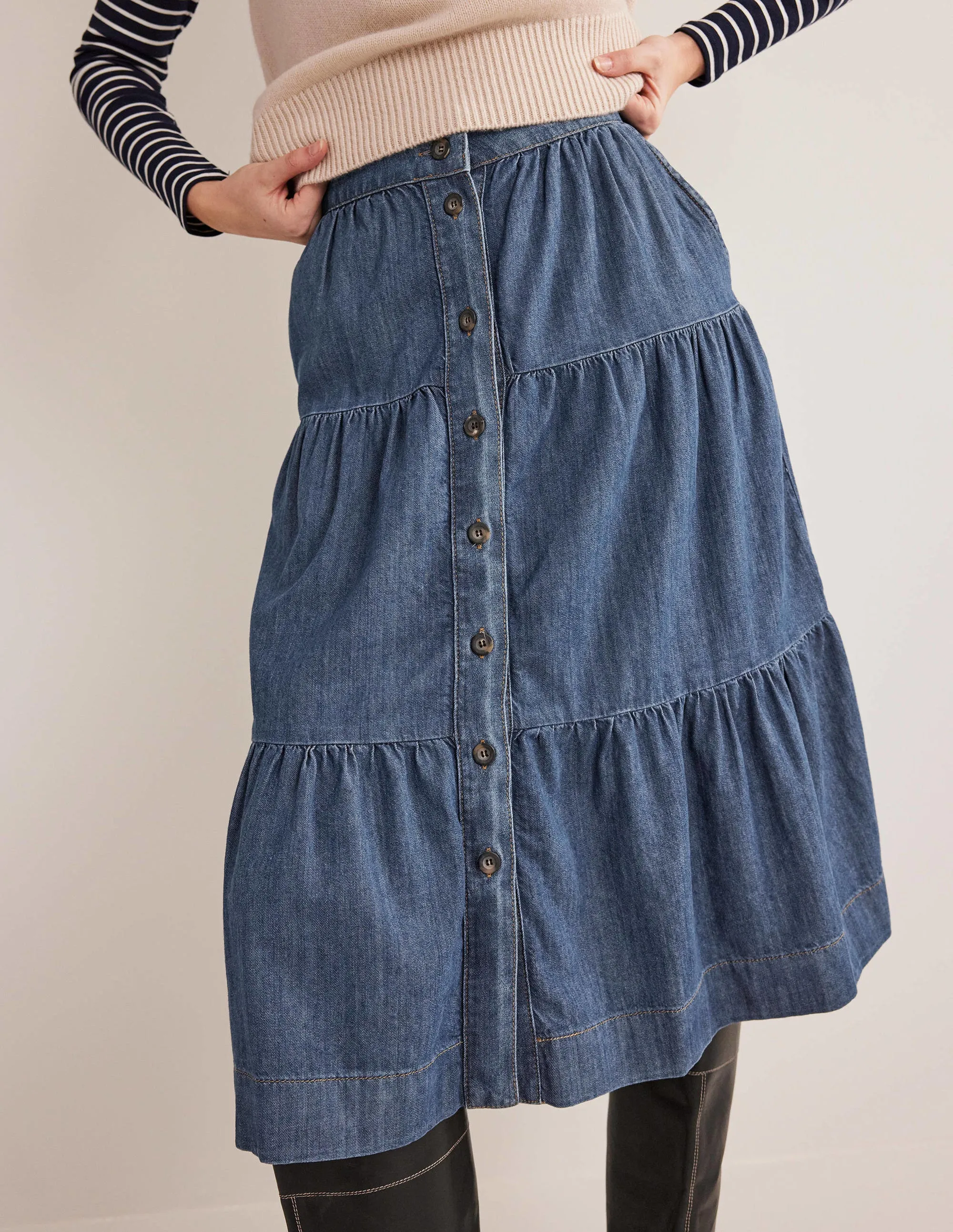 Tiered Denim Midi Skirt-Mid Vintage Denim