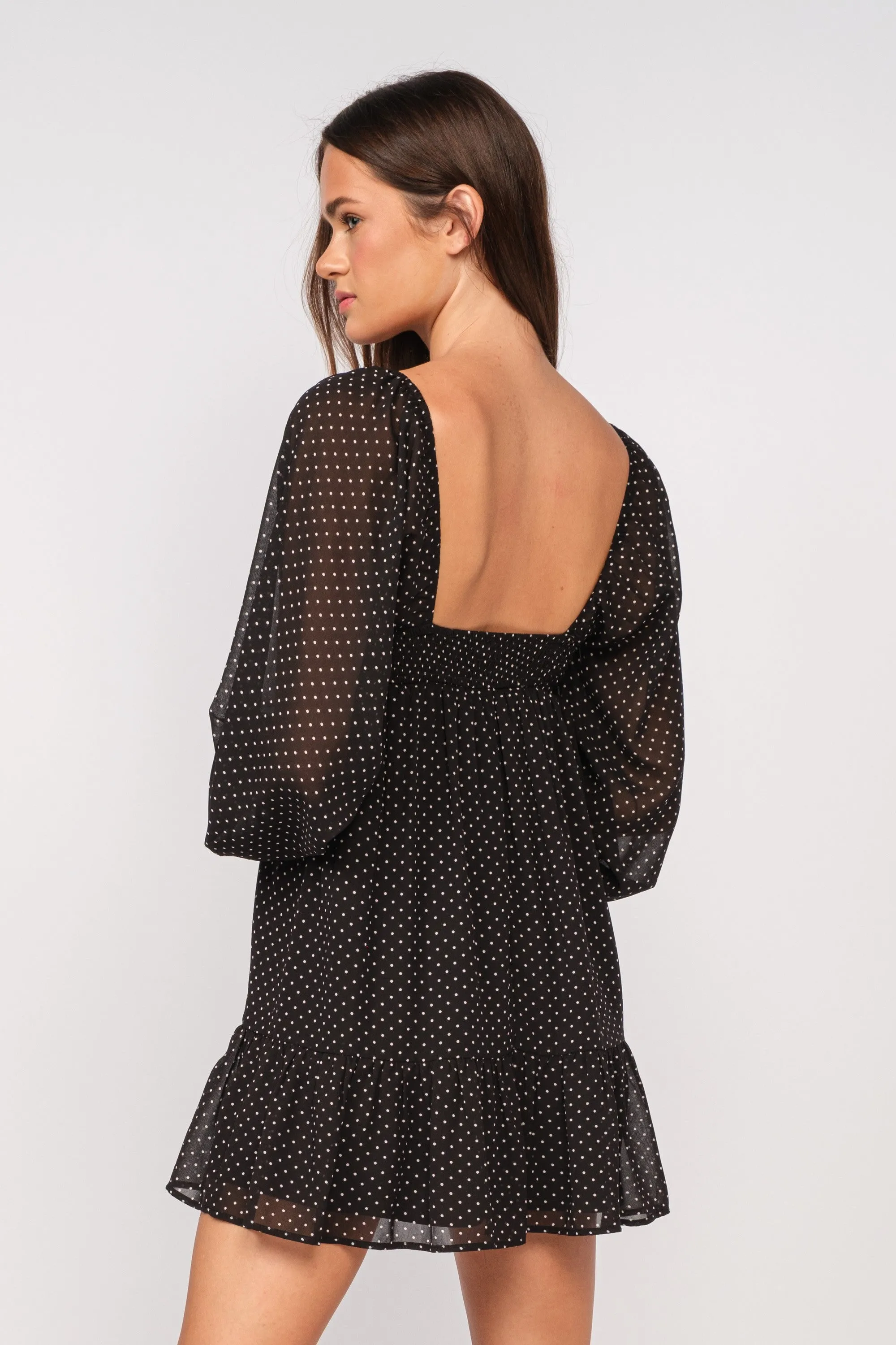 Trish Black Dot Long Sleeve Babydoll Mini Dress