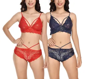 Viral Girl's Women's Babydoll Lingerie Set For Honeymoon For Women's Thongs (Navyblue::red_Free Size) (pack Of 2)