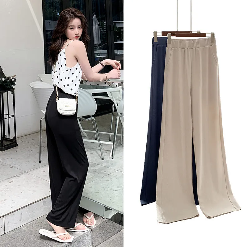 Wide Leg Pants Women Summer High Waist Drape Slim Look Black All-Matching Ice Silk Straight Loose Floor Length Casual Pants
