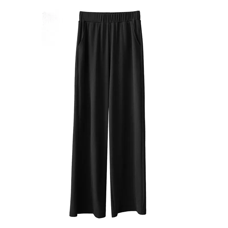 Wide Leg Pants Women Summer High Waist Drape Slim Look Black All-Matching Ice Silk Straight Loose Floor Length Casual Pants