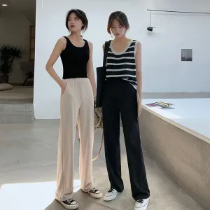 Wide Leg Pants Women Summer High Waist Drape Slim Look Black All-Matching Ice Silk Straight Loose Floor Length Casual Pants