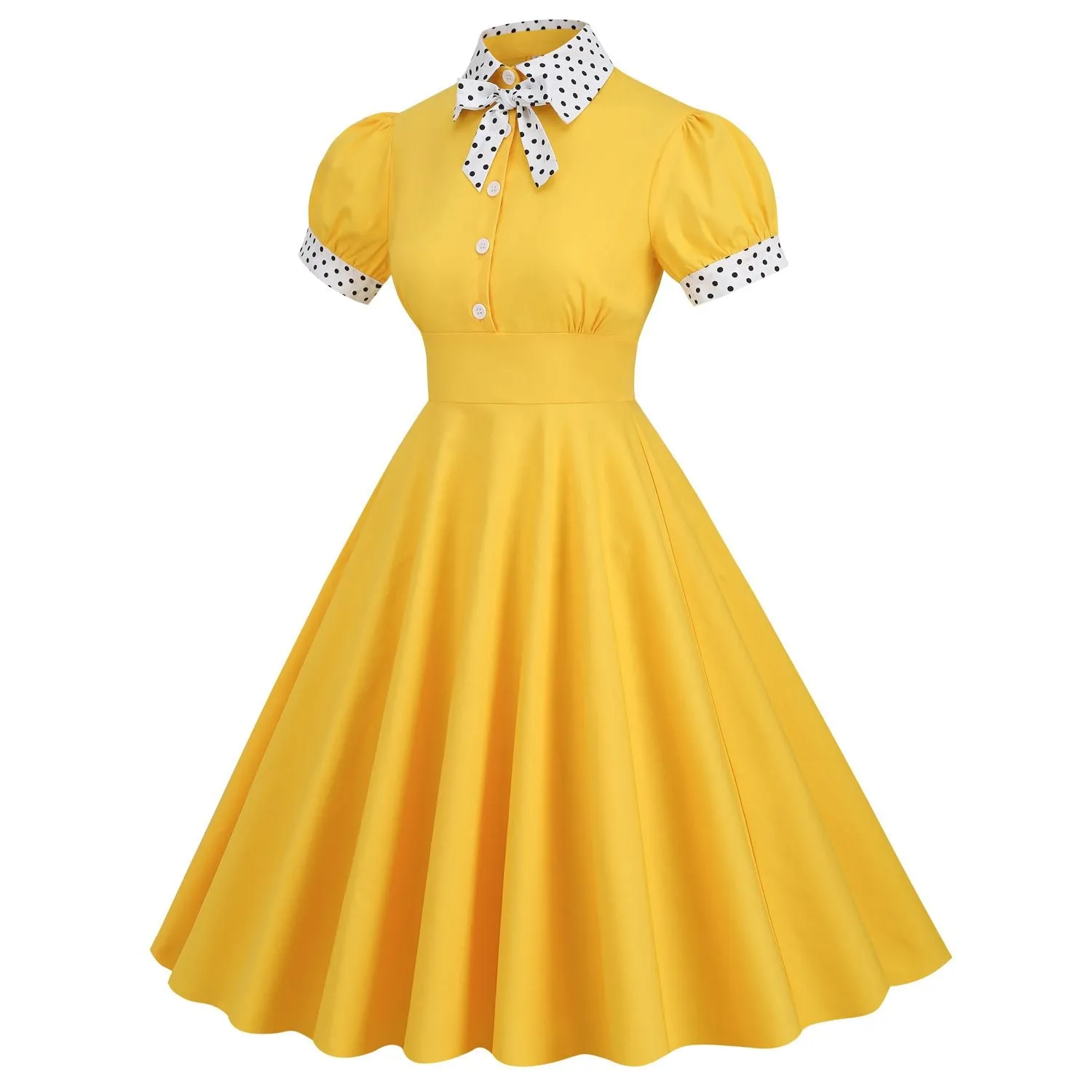 Women 1950s Vintage Short Sleeve Peter Pan Collar Polka Dot A Line Midi Summer Dress Cocktail Party Evening Prom Gown