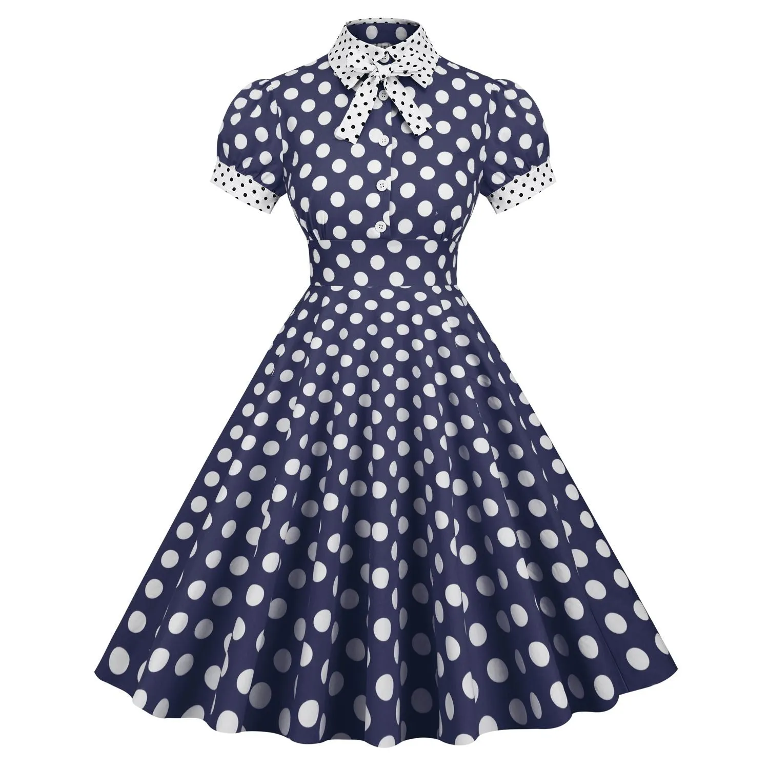 Women 1950s Vintage Short Sleeve Peter Pan Collar Polka Dot A Line Midi Summer Dress Cocktail Party Evening Prom Gown