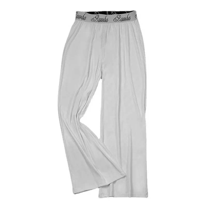 Women Ice Silk Pants Drape Loose Straight Ankle-Length High Waist Wide Leg Pants