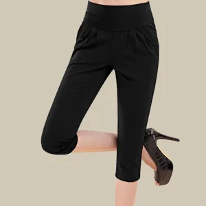 Women Summer Cropped Pants DSlim Look Slim High Waist Thin Plus Size All-Matching Fold Stretchable Pants