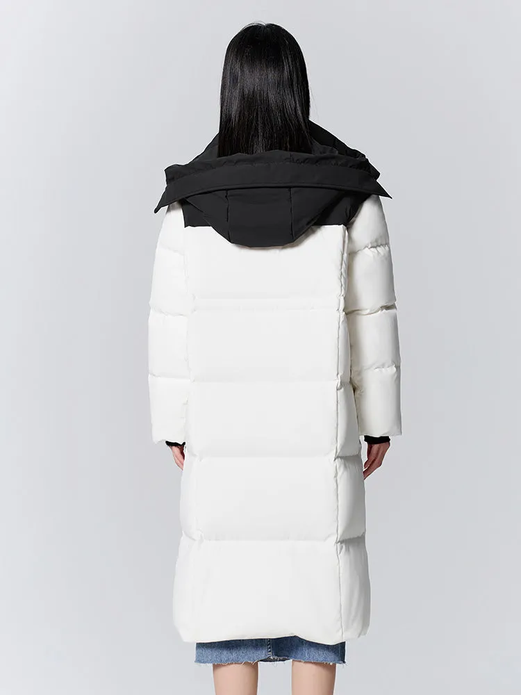 Women's black and white long thick down jacket
