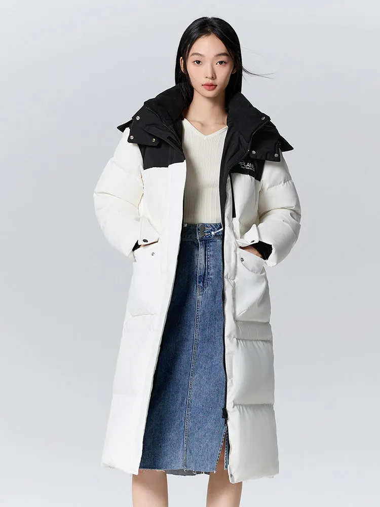 Women's black and white long thick down jacket