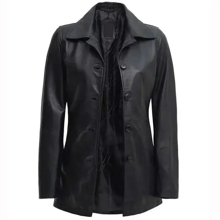 Women's Mid Length Black Leather Coat